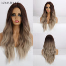 LOUIS FERRE Ombre Black Brown Cosplay Synthetic Wigs Long Middle Part Wavy Natural Hair Wig For Black Woman Afro Heat Resistant