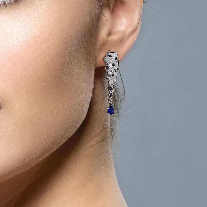 SANTUZZA Silver Earrings For Women 925 Sterling Silver Leopard Sparkling Blue Cubic Zirconia Drop Earrings Trendy Fine Jewelry