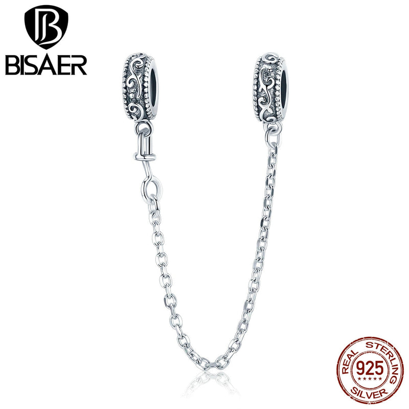 BISAER Classical Vine Safety Chain 925 Sterling Silver Chain Charms For Bracelets Original 925 Silver Jewelry For Women ECC1546