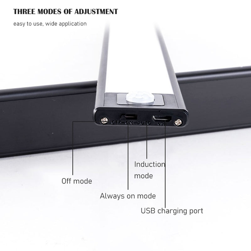 Gabinete de iluminación LED USB ultrafino de 40 cm, 3 modos, Sensor de movimiento PIR, iluminación de gabinetes de cocina de aluminio negro recargable