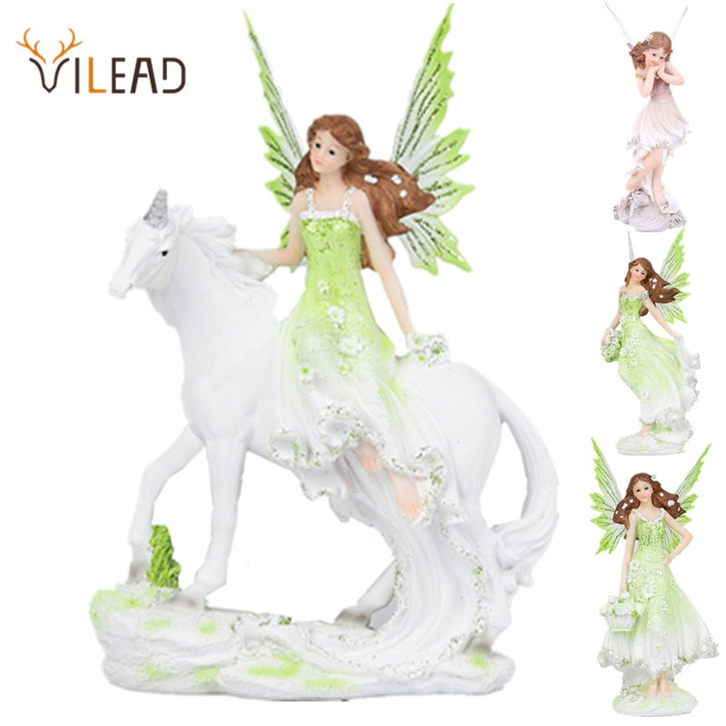 VILEAD Resin Angel Fairy Figurine Unicorn Horn Flower Fairy Garden Statue Horse Miniatures Modern Animal Home Decoracion Hogar