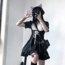QWEEK Goth Maid Dress Kawaii Gothic Milkmaid  Lolita Outfit Cosplay Costume E Girl Puff Sleeve Bandage Dress 2021 Mall Goth Emo