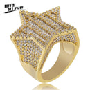 JINAO, nuevo diseño, anillo de estrella de cinco puntas de Color dorado, anillo de dedo de Hip Hop brillante de circón grande Micro pavimentado para hombres y mujeres, regalo