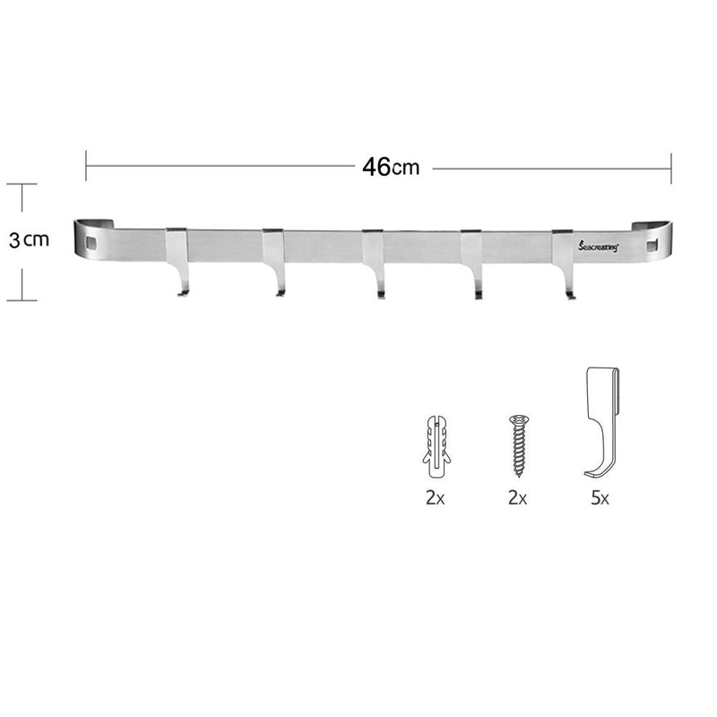 Seacreating, riel de cocina de almacenamiento para el hogar de 46CM con 5 ganchos, soporte para utensilios colgante de acero inoxidable forjado montado en la pared