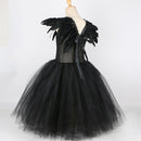 Black Feather Halloween Costumes for Girls Kids Evil Queen Long Tutu Dress with Horns Wings Villian Witch Cosplay Outfit Set
