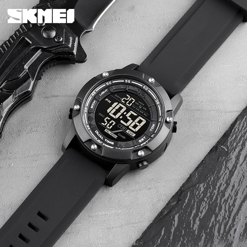SKMEI Strong Waterproof 50M Sport Digital Army Mens Watch Silicone Strap Stopwatch LED Electronic Wrist Watch Male Black