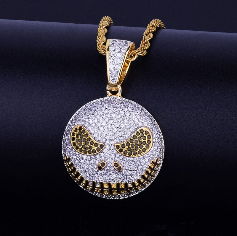 Character Round Face Pendant Necklace Gold Color Cubic Zircon Men&