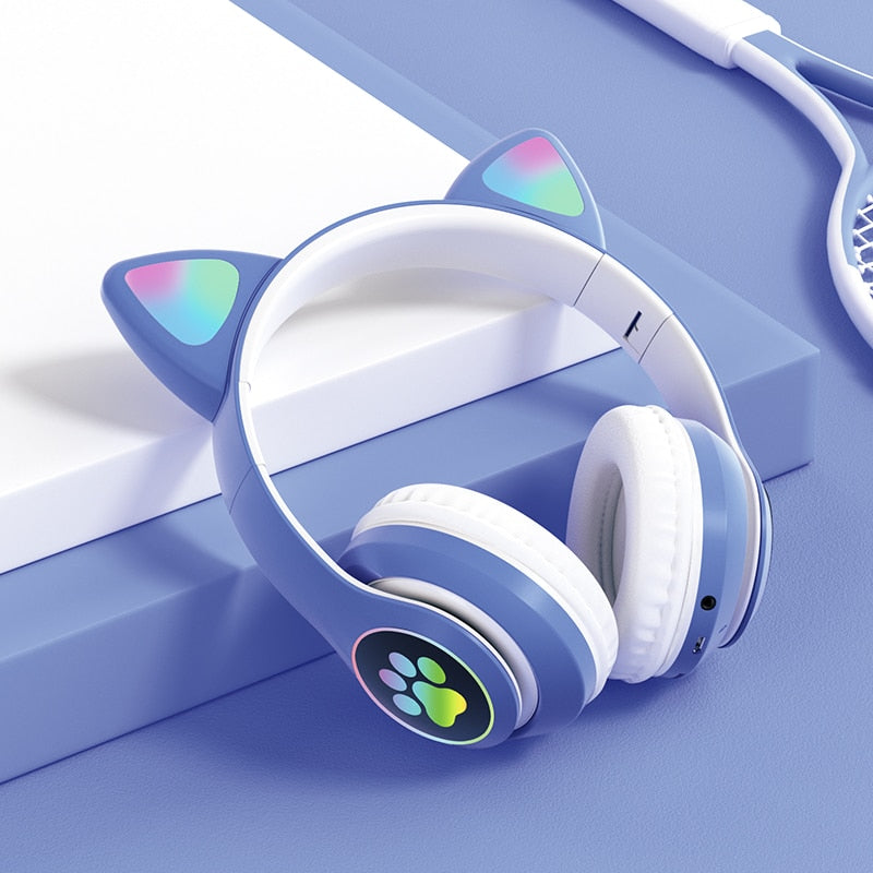Cat Ear Wireless Headphones Blue-tooth 5.0 RGB Earphones Bass Noise Cancelling Adults Kids Girl Headset Support TF Card Mic
