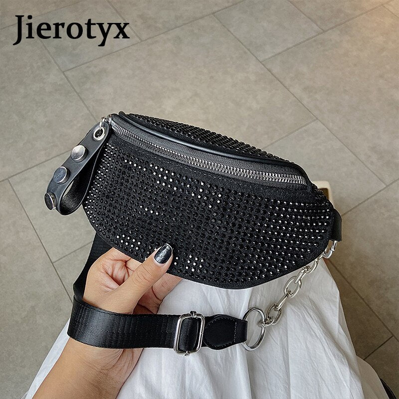 JIEROTYX Fashion Rhinestones Women Bag Waist Bag Fanny Packs Chest Waist Pack Travel Casual Female Chain Strap Punk Belt Bag