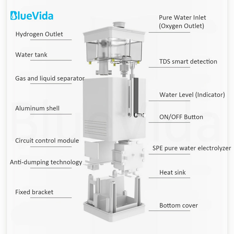 Bluevida 99.99%, máquina de inhalación de hidrógeno de alta pureza, generador de inhalación H2 de agua de hidrógeno de bajo ruido SPE/PEM 150ml/m
