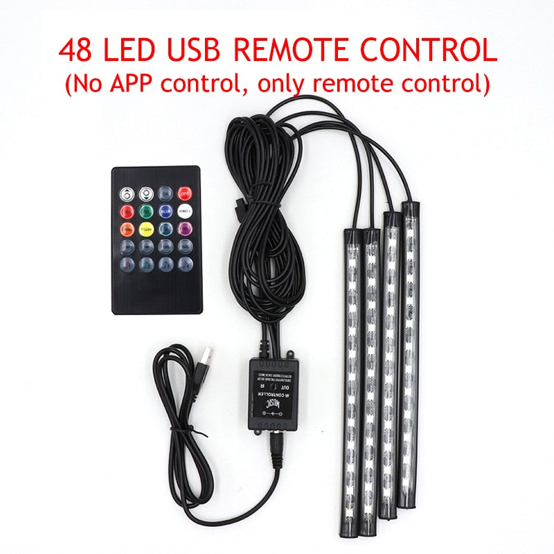 LED Car Foot Light Ambient Lamp USB APP Remote Music Control Multiple Modes Automotive Interior Decorative Lights