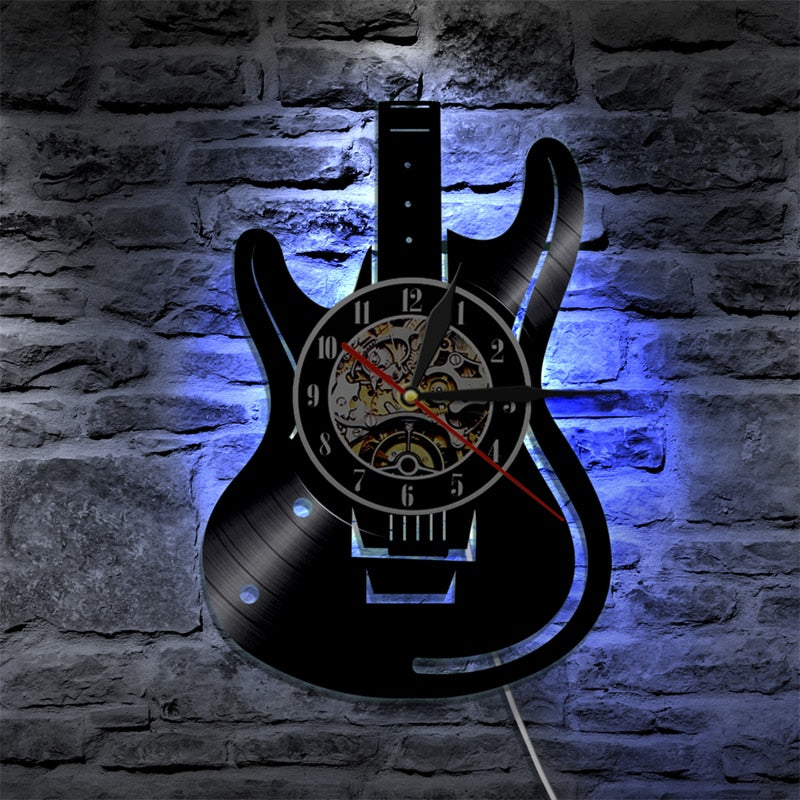 Reloj de pared LED con disco de vinilo, diseño moderno, tema musical, reloj de guitarra, reloj de pared, decoración del hogar, instrumentos musicales, regalo para el amor musical