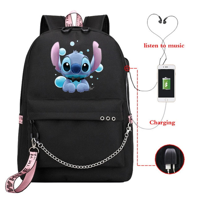 Disney Kawaii Stitch Bag Zipper USB Charging Mochila Capacity Backpack Women Kpop School Bags for Teenage Girls Students
