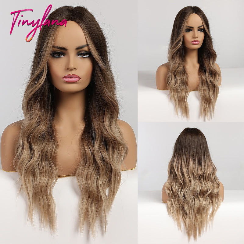 TINY LANA Synthetic Long Ombre Wavy Wigs Brown Blonde Middle Part Cosplay Wigs with Bangs For Women Long Hair Wigs Fake Hair