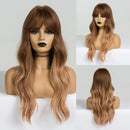 GEMMA Synthetic Long Wavy Dark Brown Golden Highlight Wig for Black Women African American Cosplay Wig with Bangs Heat Resistant