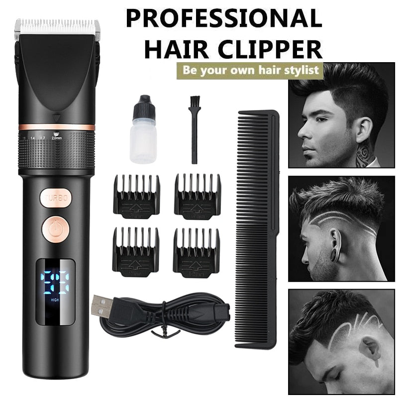 Cortadora de pelo eléctrica, cortadora de pelo recargable, cuchilla de cerámica de titanio, máquina de corte de pelo para hombres, pantalla LCD