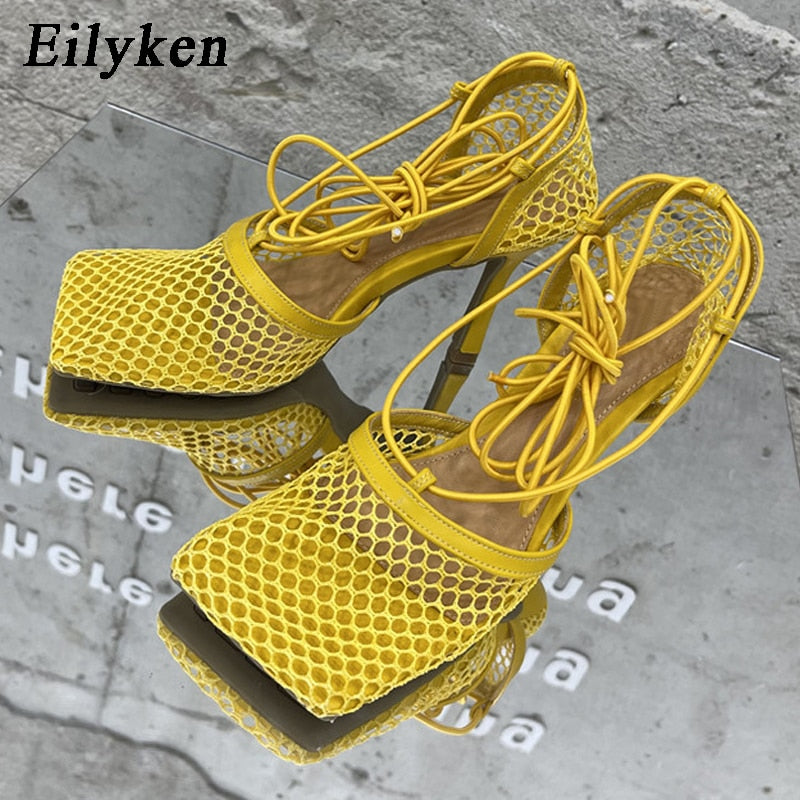 Eilyken New Spring Autumn Mesh Women Ankle Boots Sexy Pointed Toe Zipper Stripper Party Stiletto High Heels Ladies Shoes