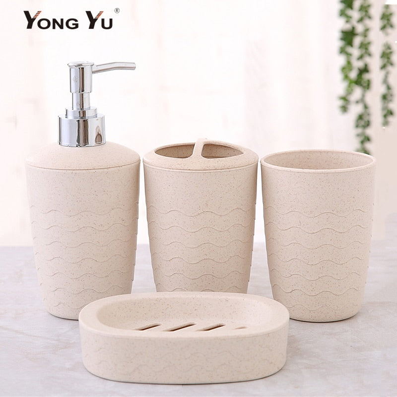 4Pcs/Set Bathroom Accessories Wheat Straw Eco-Friendly Soap Dish Dispenser Bottle Washroom Toothbrush Holder Cup Suit