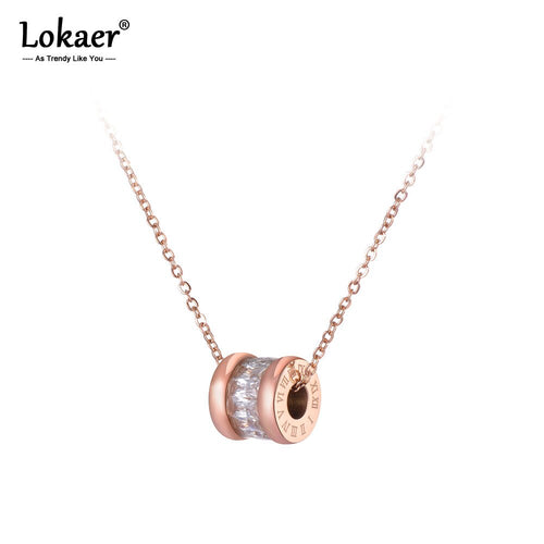 Lokaer Klassischer Zirkonia-Kreis-Halsketten-Römische Ziffern Goldfarben-Edelstahl-weiblicher Anhänger Schmuck N19023