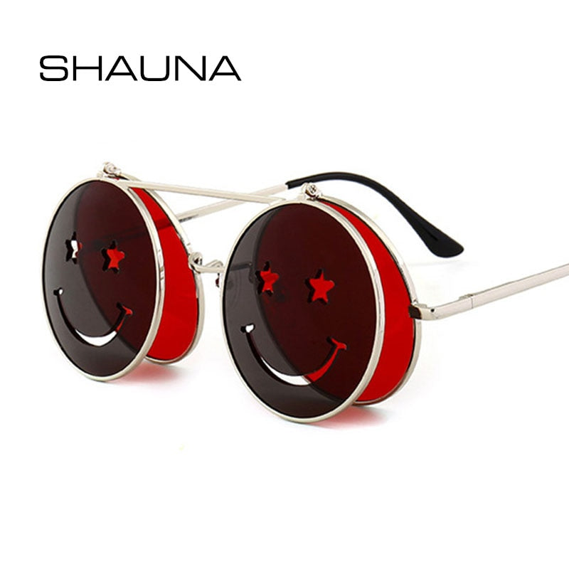 SHAUNA primavera bisagra linda cara sonriente mujeres plegable Punk gafas de sol hombres únicos doble lente tintado Steampunk gafas UV400