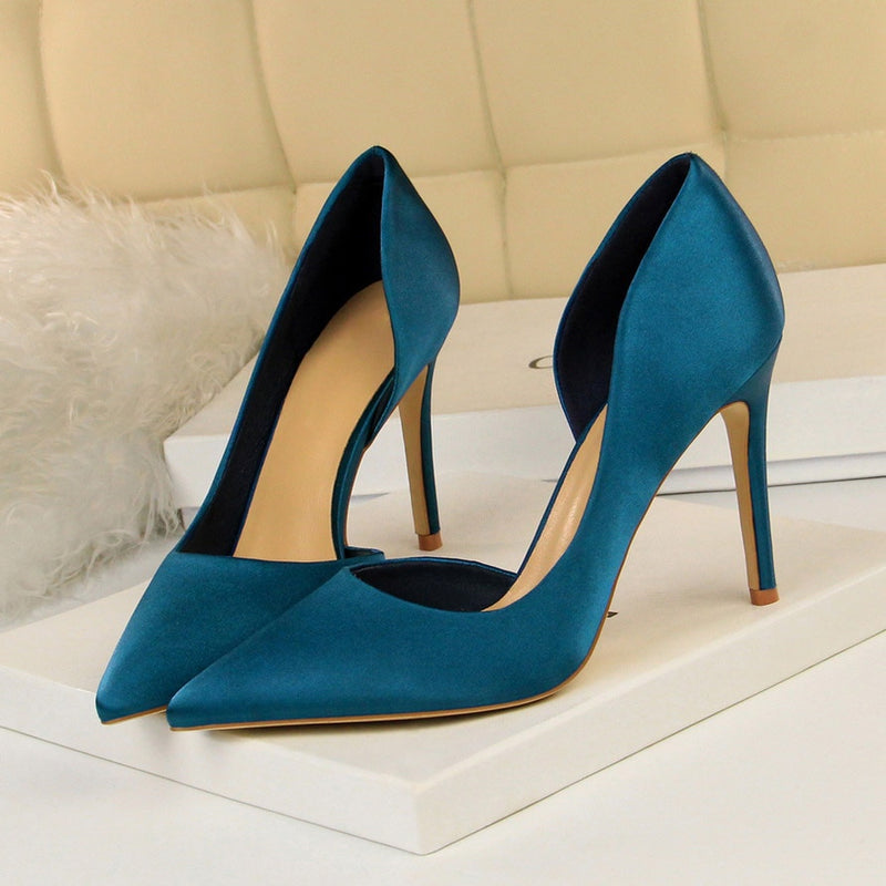 2023 Women 9.5cm High Heels Blue Pumps Satin Escarpins Luxury Stiletto Lady Shoes High Heels Scarpins Burgundy Green Prom Shoes