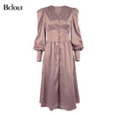 Bclout Elegant Satin Single-Breasted Shirt Dress Fashion Beige Slim V Neck Long Dresses Woman Latern Sleeve Autumn Winter Robe