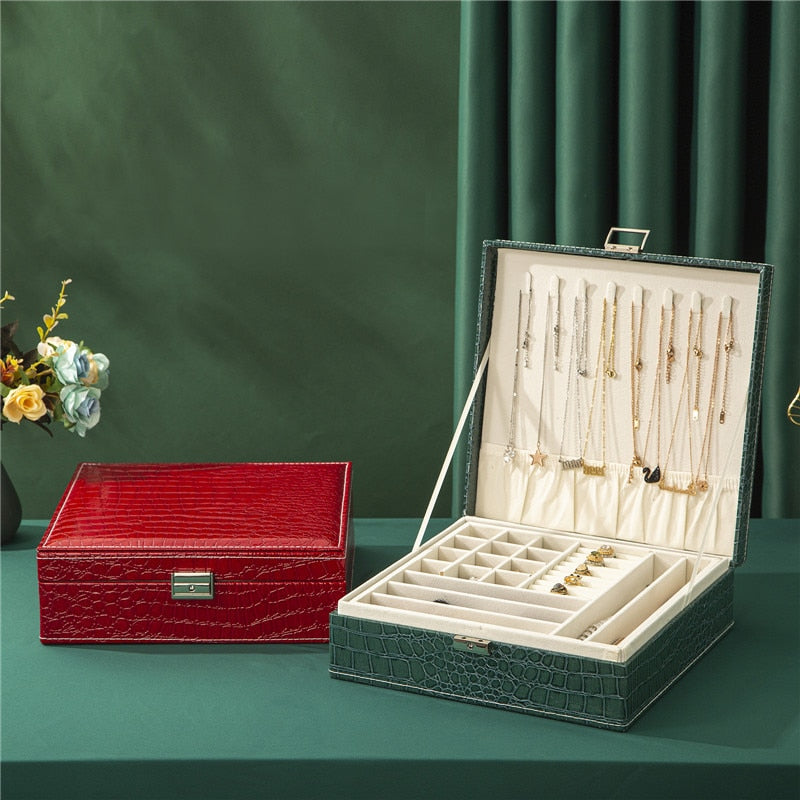 WE Oversize Premium 2 Layers Leder Schmuck Organizer Box Halsketten Ohrringe Ringe Große Aufbewahrung Make-up Koffer mit Schloss für Frauen