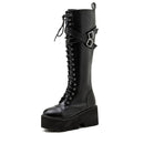 Gdgydh Fashion Women Boots Cross Strap PU Leather Autumn Winter Knee High Boots Ladies Thick Sole Platform Shoes Punk Gothic