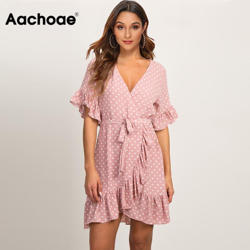 Aachoae Summer Dress 2021 Boho Style Beach Dress Fashion Short Sleeve V-neck Polka Dot A-line Party Dress Sundress Vestidos