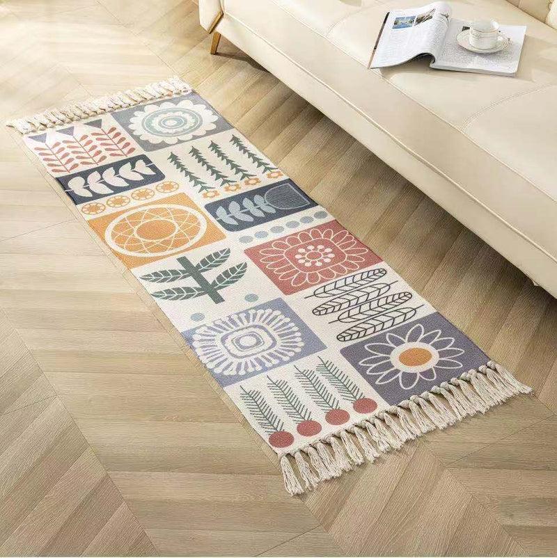 Luxury Bohemia Ethnic Style Cotton Linen Soft Carpet Handmade Tassel Rug Living Room Bedside Floor Mat Pad Home Boho Decoration