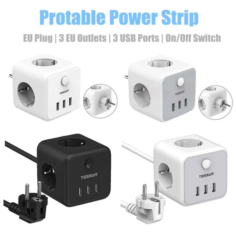 TESSAN Portable Power Strip Cube With 3 EU Outlets &amp; 3 USB Ports On/Off Switch Type E/F Plug Socket Travel Adapter Power Charger