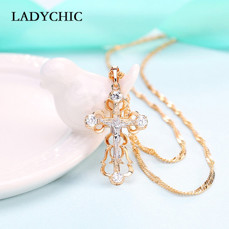 LADYCHIC Fashion Women AAA Zircon Cross Pendant Gold Color Copper Crystal Jesus Cross Pendants Necklace Hip Hop Jewelry LN1060