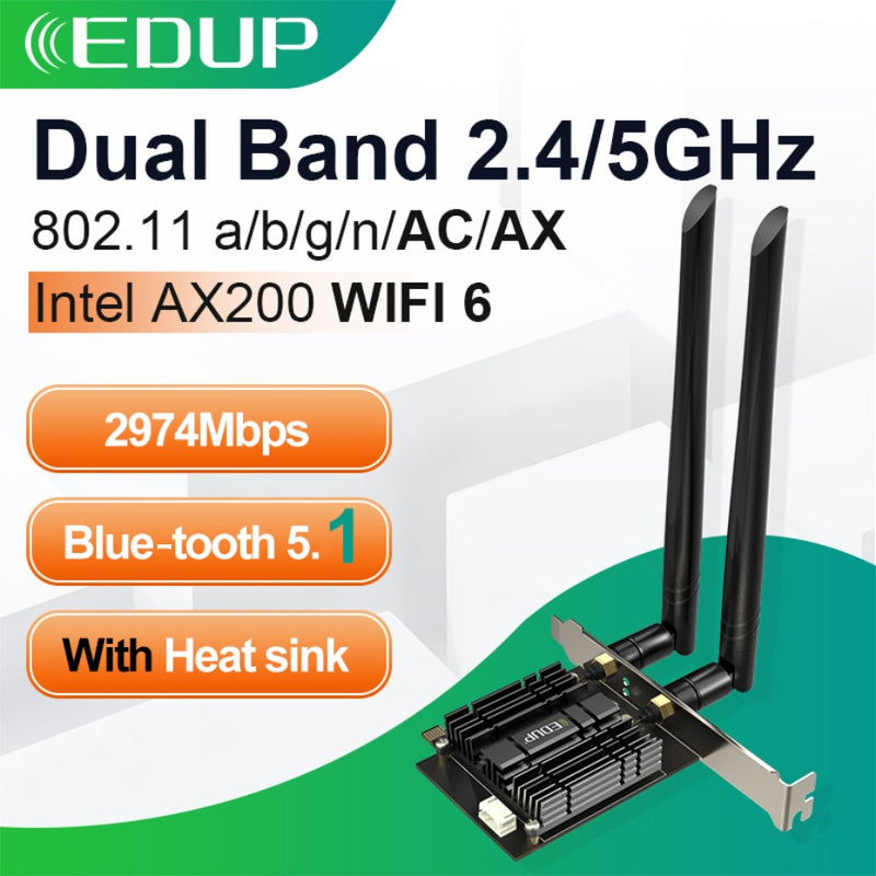 EDUP 3000Mbps WiFi 6 PCI Express Bluetooth 5.1 Adapter Dual Band 2.4G/5GHz 802.11AC/AX Intel AX200 PCIe Wireless Netzwerkkarte