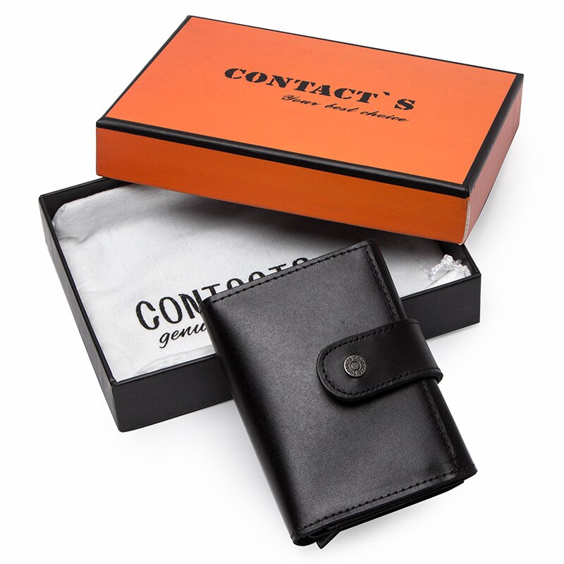 Contact's Customize Men Card Wallet Business Credit Card Holders Crazy Horse Leather Men Mini Wallets Rfid Aluminium Box Purse