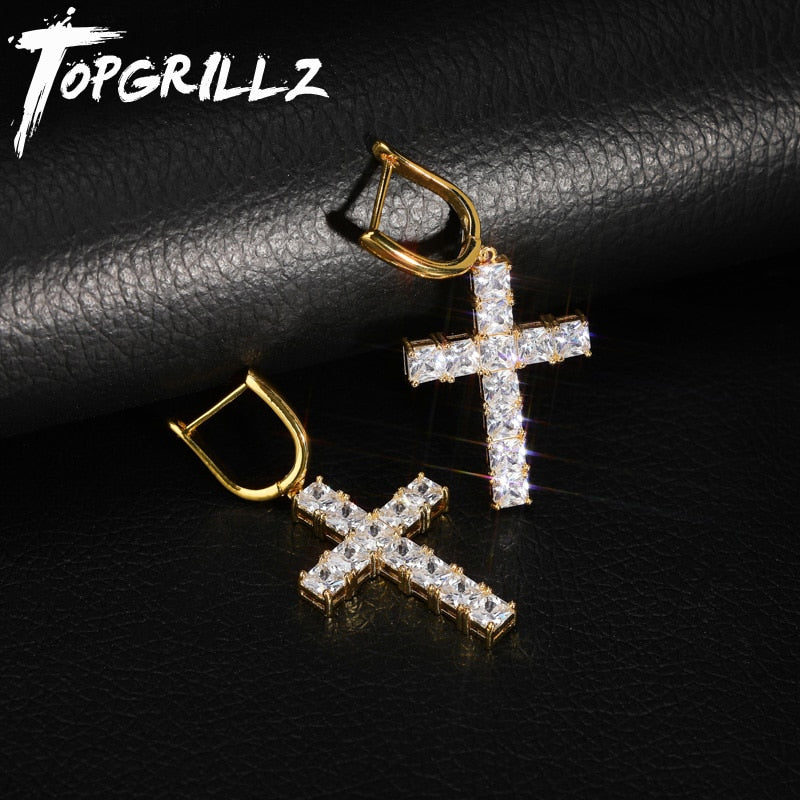 TOPGRILLZ Micro Paved Cross Full Bling Iced Out Ohrring Kubikzirkon Gold Silber Farbe Charm Ohrstecker Hip Hop Schmuck
