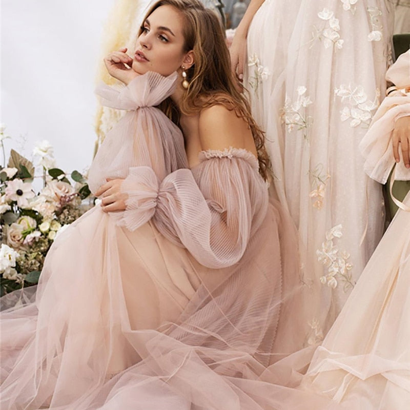 Eightree Pink Wedding Dresses Beach Boho Puff Sleeves Beading Princess Bridal Dress Off Shoulder Elegant Plus Size Wedding Gowns