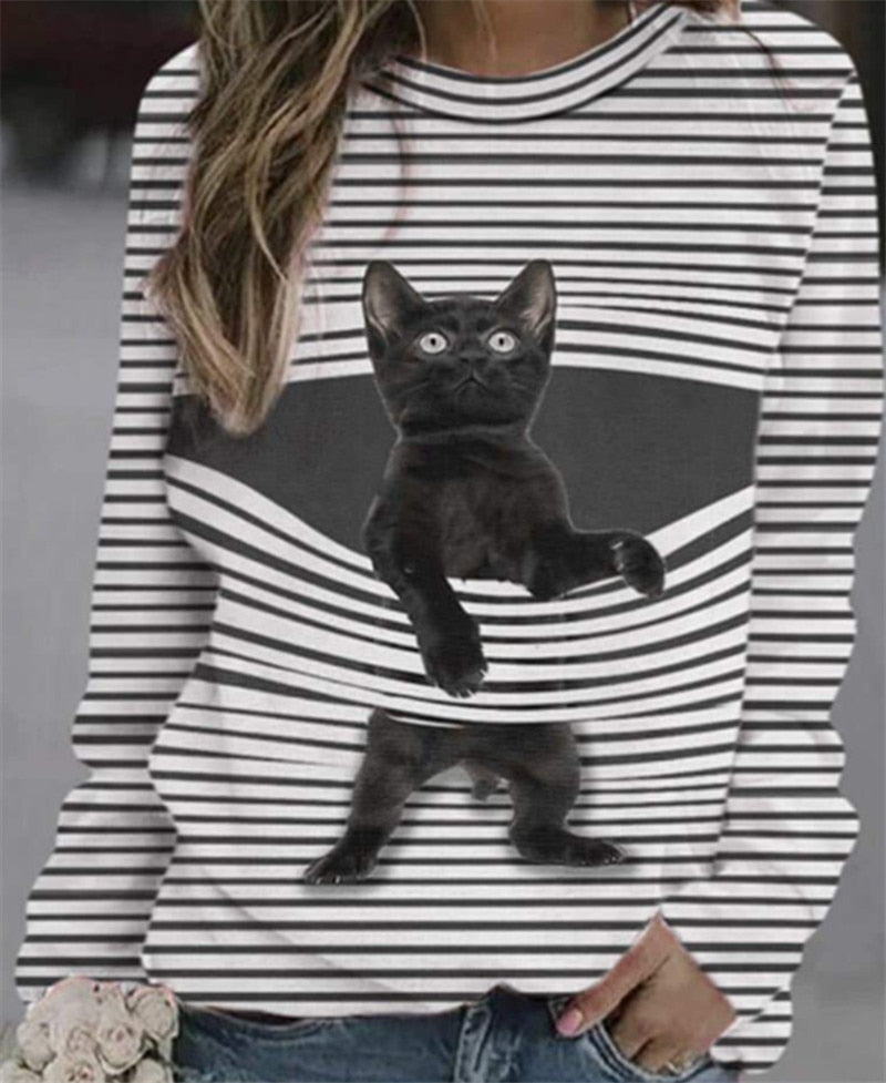 Funny Cute Cat 3D Print Casual Pullovers Women Clothes Spring Autumn Sweatshirts Long Sleeve T-Shirts Lady Clothing Fashion Tops