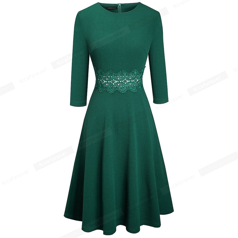 Nice-forever Otoño Retro Color puro con vestidos de encaje Fiesta A-Line Mujeres Flared Swing Dress A190