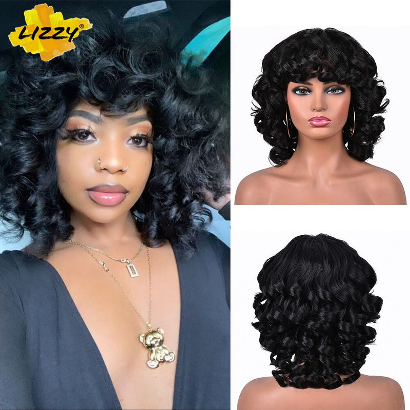 Short Hair Afro Curly Wig With Bangs Loose Synthetic Cosplay Fluffy Shoulder Length Natural Wigs For Black Women Dark Brown 14&quot;