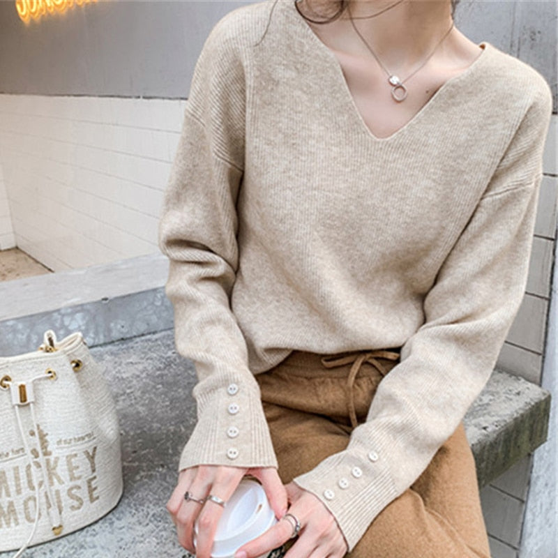 2022 Herbst Frühling Frauen Pullover Weibliche Tops Gestrickte Dünne Pullover Solide V-ausschnitt Lose Elegante Büro Dame Casual All Match