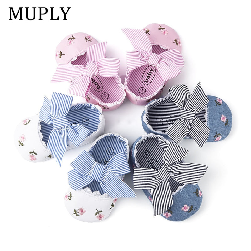 2022 Floral Embroidery Baby Shoes For Newborn Baby Girl Striped Bow First Walker Soft Soles Cute Toddler Anti-Slip Princess Shoe