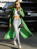 Lautaro Herbst Extra Langer Grüner Leder Trenchcoat für Damen Langarm Schärpen Einreiher Maxi Mantel 2021 Streetwear