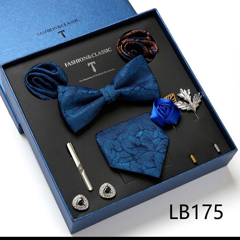 Envío Gratis, conjunto de corbata para hombre, caja de regalo de lujo, conjunto de corbata de seda, 8 Uds., embalaje interior, regalo festivo, pañuelos de bolsillo