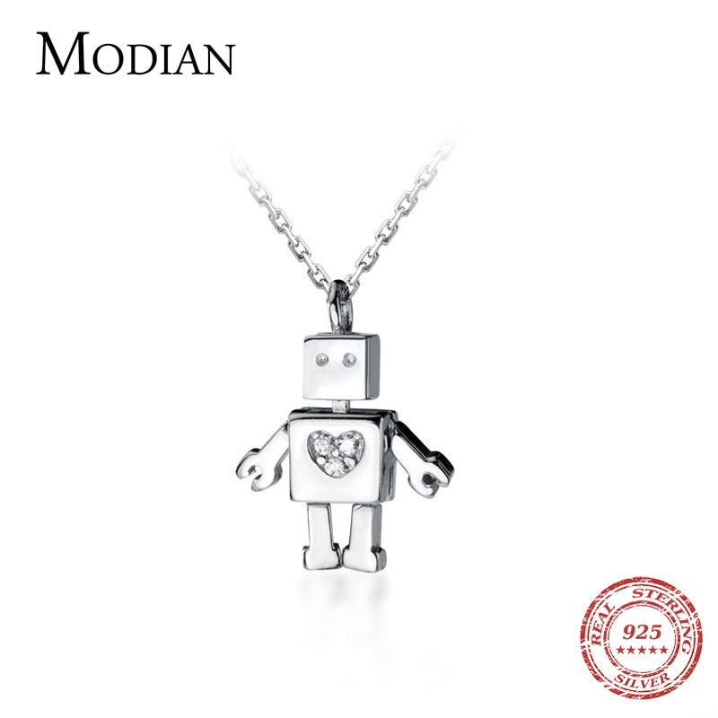 MODIAN Link Chain Necklace for Women Pure 925 Sterling Silver Dazzling Zircon Hearts Cute Robot Pendant Necklace Fine Jewelry