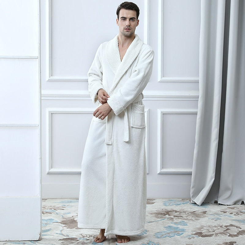 Men Winter Plus Size Long Coral Fleece Bathrobe Kimono Warm Flannel Bath Robe Men Cozy Robes Night Sleepwear Women Dressing Gown