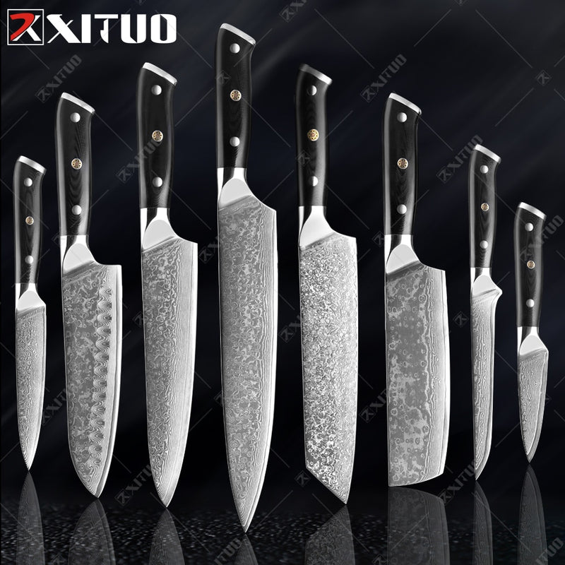 XITUO Damaskus Kochmesser 1-8 STÜCKE Professionelle Japan Sankotu Cleaver Bone Messer Utility Kiritsuke Schälmesser Küchenmesser Kochen