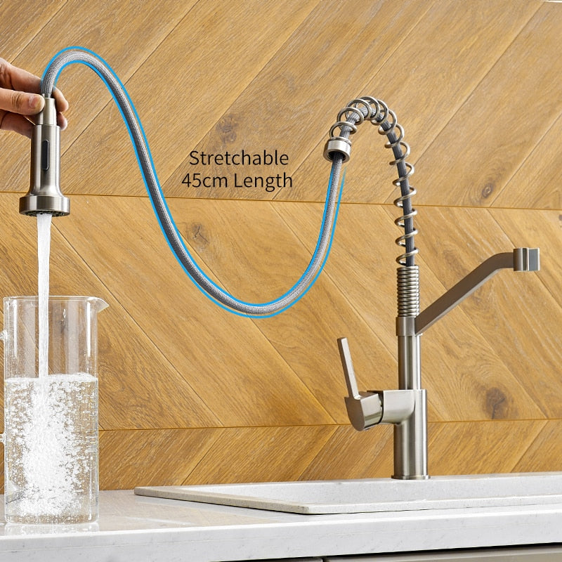 Modern Polished Black Brass Kitchen Sink Faucet Pull Out Single Handle Swivel Spout Vessel Sink Mixer Tap 9013