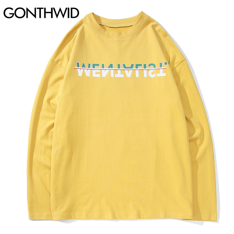 GONTHWID Long Sleeve Tees Shirts Creative Print Casual Loose Skateboard Tshirts Streetwear Mens Hip Hop Harajuku Fashion Tops