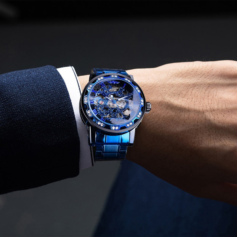Reloj mecánico de diamantes transparentes Winner, reloj esqueleto de acero inoxidable azul, reloj luminoso de negocios de lujo de marca superior para hombre