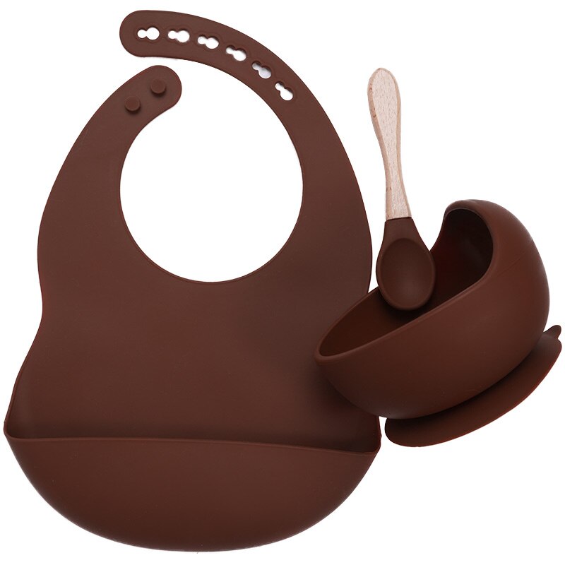 BPA Free Baby Silicone Tableware Waterproof Bib Flexible Saliva Towel Solid Color Sucker Bowl And Spoon For Children